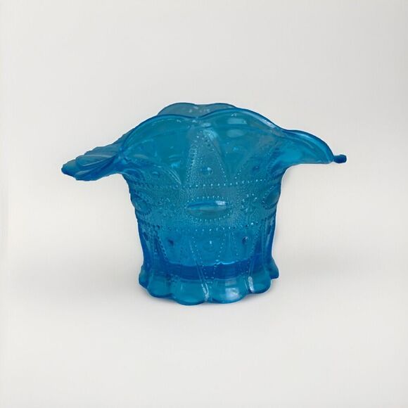 Vintage Kemple Blue Glass Basket Hat Vase Lace Dew Drop Pattern Lace N Dewdrop - Picture 5 of 13